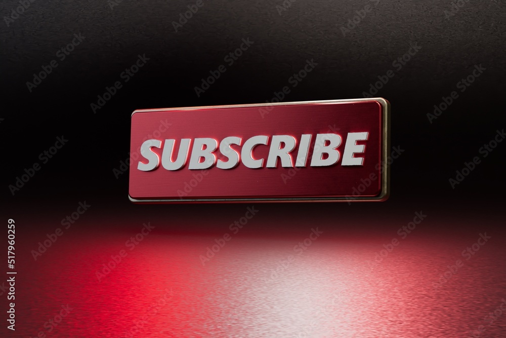 Poster icon for subscribing to the channel. a red button with a white inscription on it subscribe on a blac