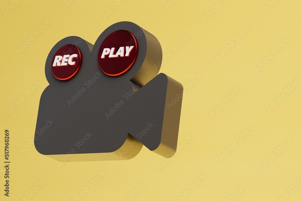Fototapete video camera icon in black on a yellow background with a place to place items or text with two red buttons that say play and record. filming video. work with a video camera. 3d illustration. 3d render