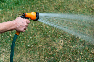 Watering the grass with a soft water hose with a sprinkler