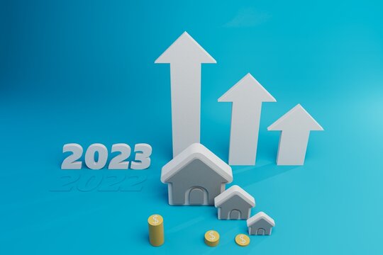 icons of white houses with white arrows behind them and money on a blue background. 2023 real estate prices 2023. non-house price increase in 2023. 3d render. 3d illustration