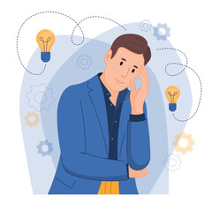 Illustration of brainstorming and man.Businessman coming up with creative ideas. Vector 
Illustration in flat style. 