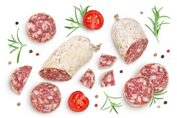 Cured salami sausage slices isolated on white background. Italian cuisine with full depth of field. Top view. Flat lay. - obrazy, fototapety, plakaty