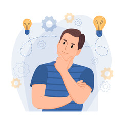 Illustration of brainstorming and man.Businessman coming up with creative ideas. Vector 
Illustration in flat style. 
