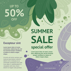 Abstract summer sale frame. Purple, green, lilac abstract background. Template, banner, flyer for your design. Vector illustration in flat style.