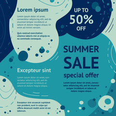 Abstract summer sale frame. Blue, turquoise abstract background. Template, banner, flyer for your design. Vector illustration in flat style.
