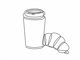 Plastic coffee cup and croissant continuous one line drawing. Breakfast theme with linear pastry and coffee for logo and posters, simple sketch design. Vector 