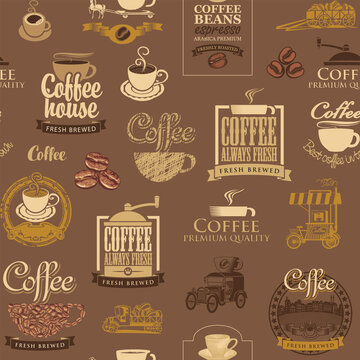 Vector seamless pattern background on the coffee theme with coffee beans, inscriptions and illustrations in retro style. Suitable for wallpaper, wrapping paper or fabric