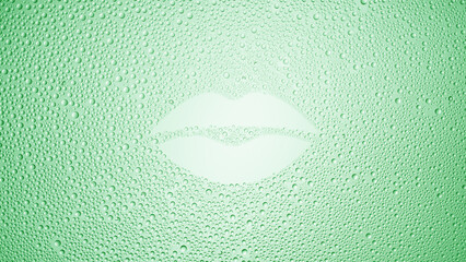 Lip shape printed on the wet glass on green background | lip care concept