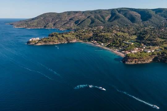 Aerial view of the bay in Porto Azzurro on Elba Island, Tuscany, Italy.