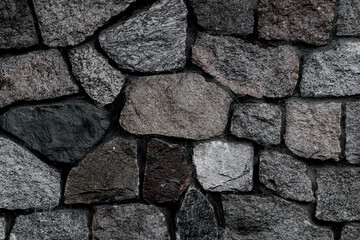 close-up on fragment of wall with masonry of rough gray stones