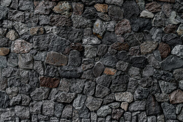 view of wall with masonry of various stones. Background and texture of stone wall surface