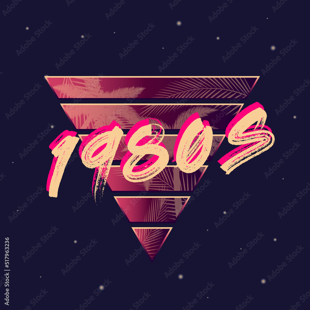 Wall mural 980s retro neon logo. 80's logo design with Beach palm and abstract triangle. Vector Print for T-shirt, typography. 