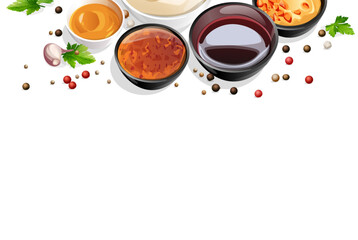 composition in ceramic saucers of various sauces and ketchup, mayonnaise, soy sauce, plum, sweet and sour, spicy, sauce with finely chopped herbs. Oriental cuisine. Japanese, Chinese, Thai cuisine.