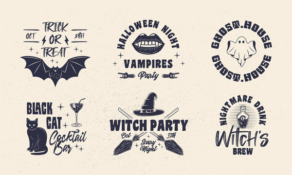 Halloween vintage emblems. Bat, Black Cat, Witch, Ghost emblems. Halloween label, badges designs. Retro prints for T-shirt, typography. Vector illustration