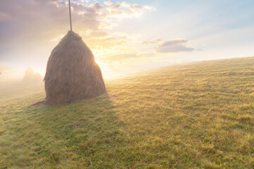 The haystack on a field in front of bright sunlight through the morning fog. - obrazy, fototapety, plakaty
