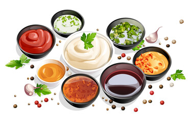 composition in ceramic saucers of various sauces and ketchup, mayonnaise, soy sauce, plum, sweet and sour, spicy, sauce with finely chopped herbs. Oriental cuisine. Japanese, Chinese, Thai cuisine.