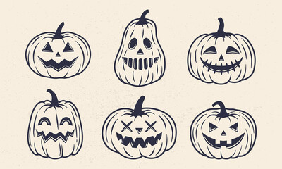 Vintage Halloween pumpkin icons isolated on white background. Halloween pumpkins set. Monsters faces. Design elements for logo, badges, banners, labels, posters. Vector illustration - obrazy, fototapety, plakaty