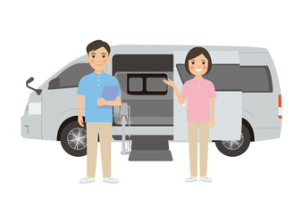 男性と女性介護士が介護送迎車の前でポーズ