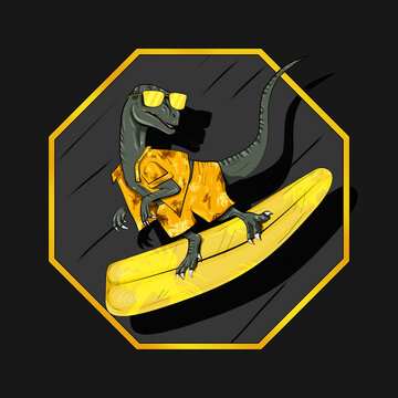 Illustration Of Dinosaur Surfer In Gold Shirt And Shorts With Octagon