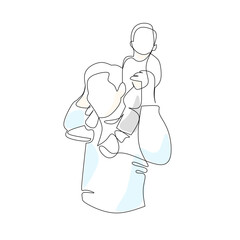 Vector illustration of a father holding his little son on his shoulders drawn in line-art style