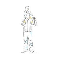 Vector illustration of a father holding his little son on his shoulders drawn in line-art style