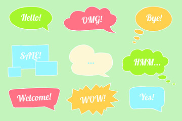 Vector set of speech bubbles. Hand drawn set of dialog baloons and windows with phrases.