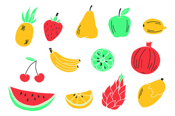 Bright hand drawn fruits in doodle style isolated on white background. Natural tropical fruits.