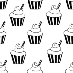 Seamless pattern with cupcakes and sugar tube. Beautiful background with cupcakes.