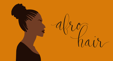 African american woman side view portrait. Afro hair handwritten lettering vector
