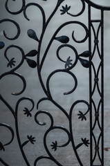 Fototapeta na wymiar Black Metal Fence with a Foggy Gray Background.