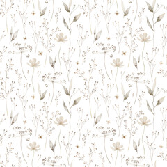 Watercolor seamless pattern with ethereal wildflowers, leaves. Wild plants, flowers, branches. Nature floral background