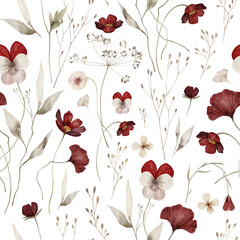 Watercolor seamless pattern with bright red wildflowers, leaves. Wild plants, viola tricolor, poppies flowers. Nature floral background