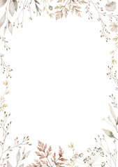 Watercolor frame with wild branches, grass, plants. Floral wreath, botanical wedding invitation. Ethereal leaves and branches. Pressed, dried bouquet