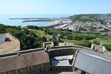 Looking down at the beach at Dover from the top of a castle.