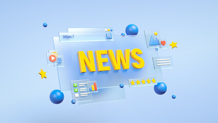 News from social media and internet on glass screen. Concept of message on glass user interface. Analysis, business, finance and mobile news web design. 3d render. 3d illustration.