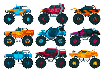 Monster trucks set. Bright colorful cartoon auto with big wheels. Heavy cars with large tires and black tinted windows. Isolated rally 4x4 computer or mobile game © designer_things