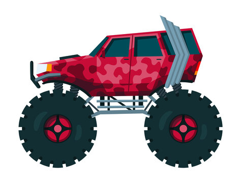 Monster truck. Bright colorful cartoon auto with big wheels. Heavy car with large tires and black tinted windows. Isolated rally 4x4 computer or mobile game