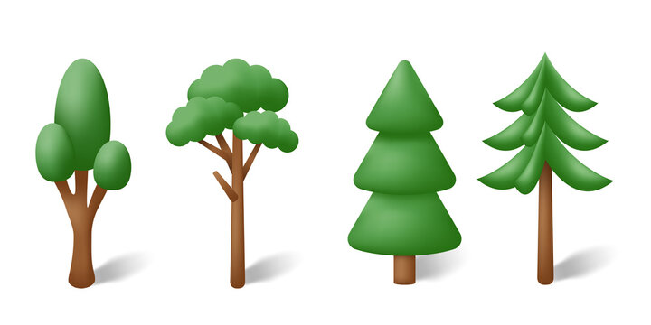 3d trees isolated on white background. Set of Volumetric images of plants. Garden, forest and park green tree. Vector illustration.
