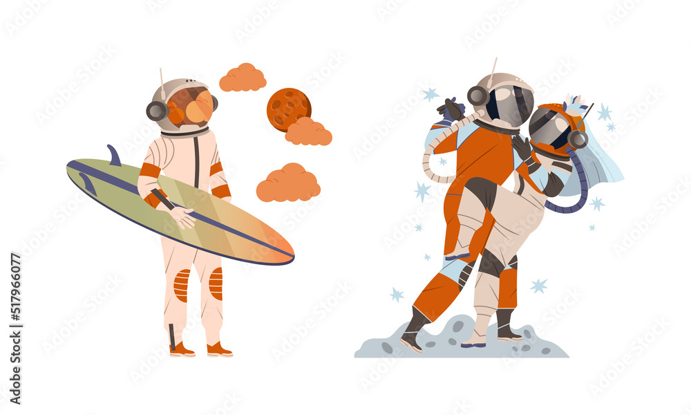 Poster spaceman or astronaut man character in space suit on the moon dancing and standing with surfboard ve