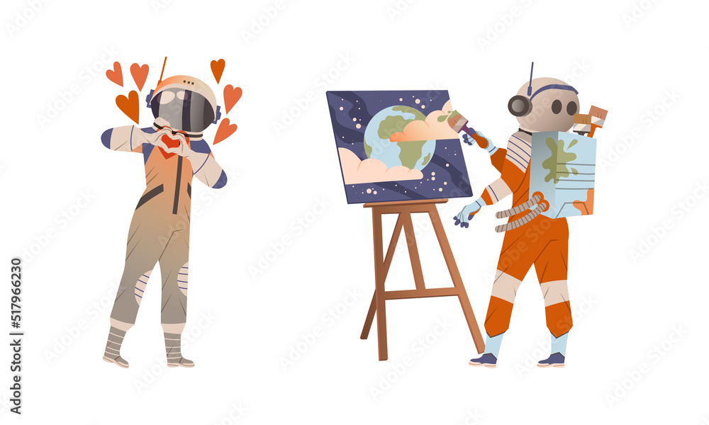 Poster spaceman or astronaut man character in space suit showing heart gesture and painting picture with dr