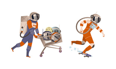 Spaceman or Astronaut Man Character in Space Suit Pushing Shopping Cart with Helmet and Skateboarding Vector Set