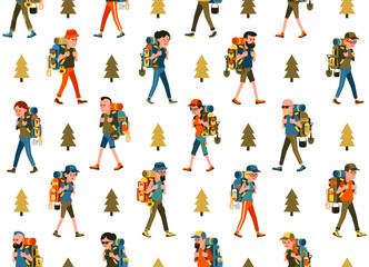 Hiking seamless pattern. Hikers with backpack endless pattern. Vector image.