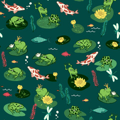 Froggs in the lake, animals vector seamless pattern