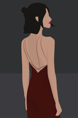 Vector flat image of a girl in a brown dress with an open back. Brunette with short hair. Design for postcards, posters, backgrounds, templates, textiles, avatars.