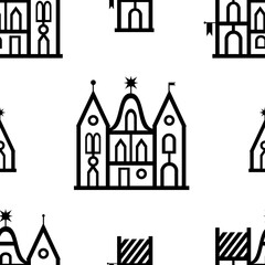 Castle on a white background. Silhouette of houses. Seamless vector pattern.