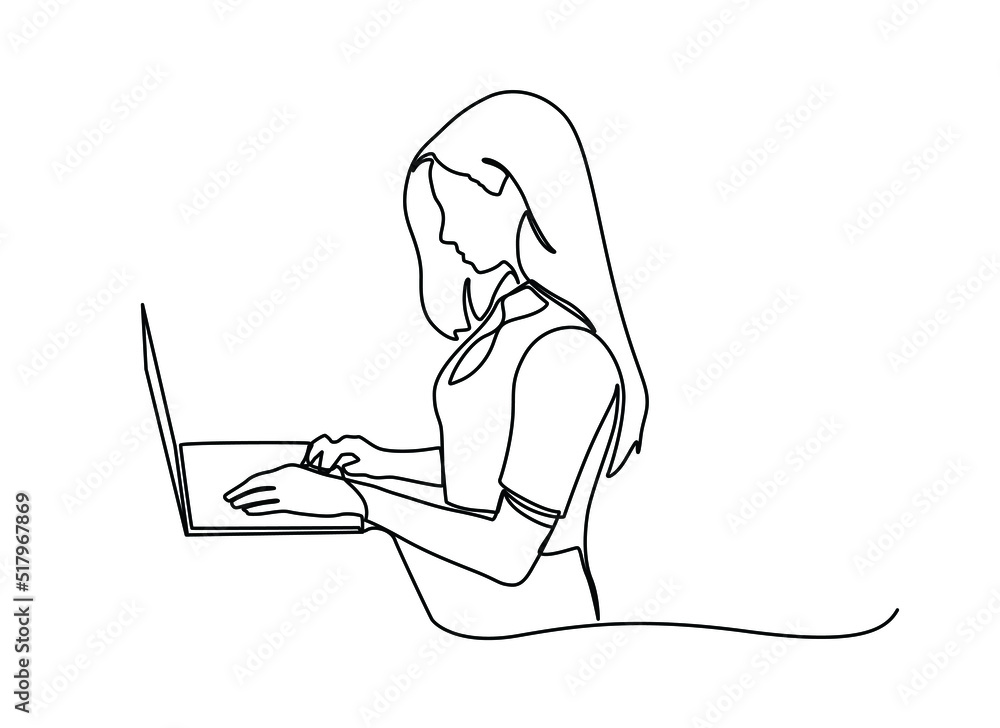 Wall mural One line woman writing and study with help laptop.Continuous one line drawing of a woman. Business concept. Beautiful woman sits on the floor and holding laptop isolated on a white background. Vector 