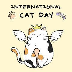 international cat day card, cute cartoon cat illustration sketch with crown and wings