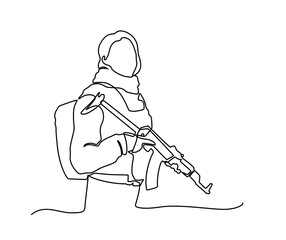 Continuous one line drawing Woman in military clothes with a weapon. Young girl in an army soldier's suit. Modern woman concept. Single line draw design vector graphic illustration. Soldier girl.