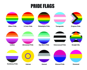 LGBTQ Pride Flags. Gilbert Pride, 6-Color, Philadelphia, Transgender, Progress Pride, Nonbinary, Bisexual, Pansexual, Lesbian, Abrosexual, Gay Men’s Pride, Heterosexual, Straight Ally flags.