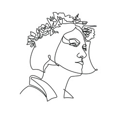 Beautiful woman with flowers on head vector one line drawing. One line drawing. Female beauty concept. Flower beauty girl. Woman with floral crown. Circle thin single line logotype.